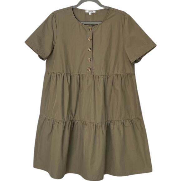 Madewell Button-Front Short-Sleeve Tiered Mini Dress Cotton Poplin Green NWT M - Picture 5 of 9